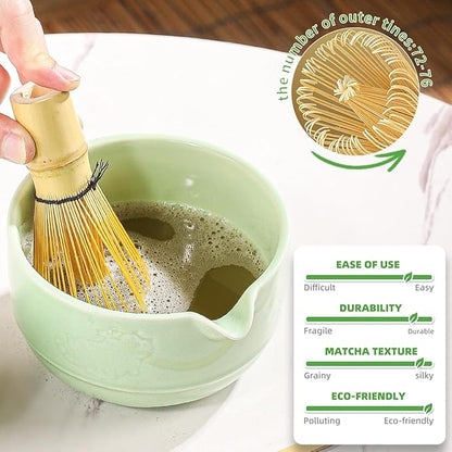 Matcha Tea Set, 5-Piece Ceramic Matcha Bowl & Whisk Kit with Cute Cat Pattern, Traditional Japanese Chawan, Scoop & Sifter, Perfect for Tea Ceremony, Gift for & Tea Lovers (green)
