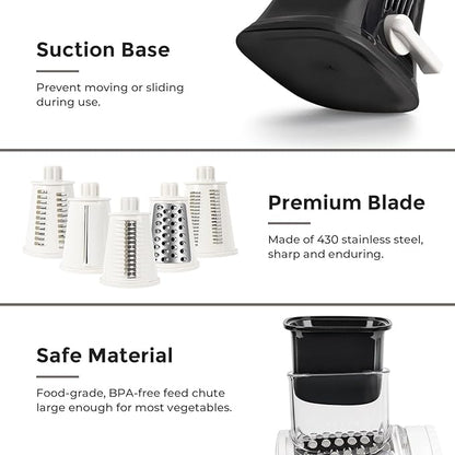 X Home 5-in-1 Rotary Cheese Grater for Kitchen, Upgraded Hand Crank Shredder with Stronger Suction Base & Multifunctional Drum Blades, for Cheese, Vegetables and Nuts, Easy to Use and Clean, Black
