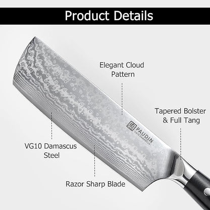 PAUDIN Nakiri Knife 7'', Damascus Chef Knife, Japanese VG-10 Stainless Steel, Kitchen Knife with G10 Full Tang Handle, Razor Sharp 67-Layer Forged Blade