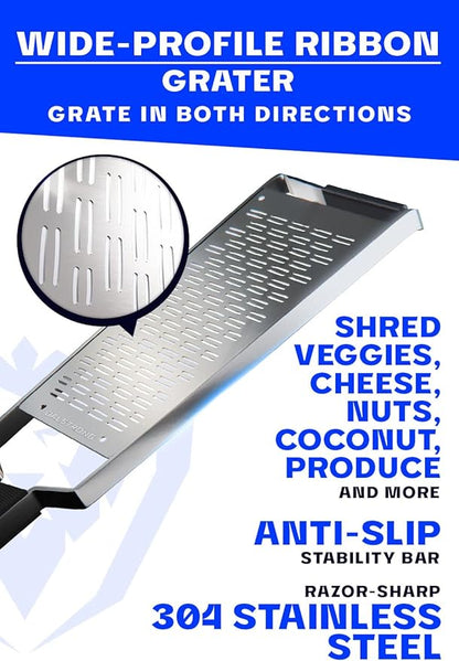 Dalstrong Professional Wide Cheese Grater - Ribbon - #304 Stainless Steel Blade - G10 Handle Kitchen Shredder - w/Blade Cover - Medium/Soft Cheese, Chocolate, Citrus, Root Vegetables - NSF Certified