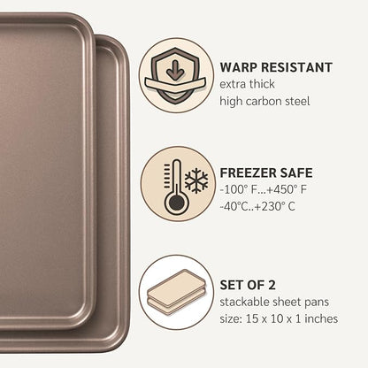 HAPPIELS Nonstick 15x10 inch Baking Sheet Set of 2 | PFOA & BPA Free Non Toxic Carbon Steel 10x15 inches Cookie Sheets | Best Non stick Oven Cooking Pans & Jelly Roll Pan | Best Nontoxic Baking Trays
