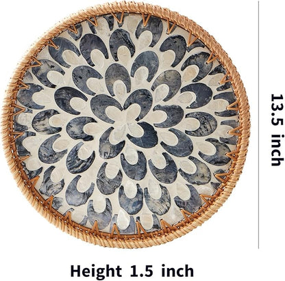 Round Rattan Tray with Mother of Pearl Inlay, Rattan Serving Tray with Wooden Base, Decorative Wicker Basket for Table Decor, Storage and Display of Coffee Bread Food Fruit (Plume 13.5")