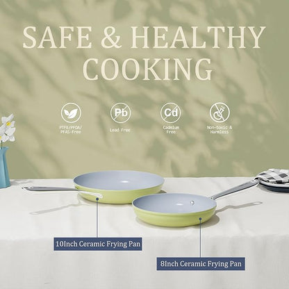 Nonstick Ceramic Frying Pan 8" for All Stovetops, PTFE/PFOA/PFAS Free, Even Heat Distribution Oven Safe up to 500°F, Healthy Non Toxic Skillet w/ Ergonomic Stainless Steel Handle, Olive Green
