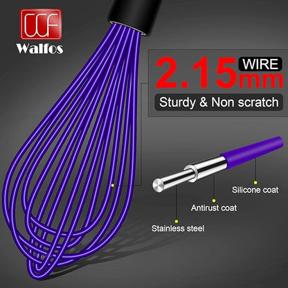 Walfos Silicone Whisks Set, 5pcs Whisk, Non Scratch Coated 7+9+11in Whisks and Mini stainless steel 7+5in Whisk, Suitable for Use in Whisking, Blending, Frothing, Beating & Stirring. (Multicolor)