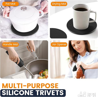 Silicone Trivet Mats 4 Heat Resistant Pot Holders Multipurpose Non-Slip Hot Pads for Kitchen Potholders, Drying mat, Jar Opener, Spoon Holder, Coaster(Black)