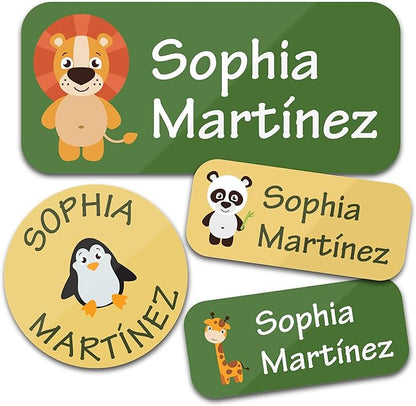 Personalized Daycare Name Labels for Kids (130 Labels) - Custom Waterproof Name Stickers for Clothing Tags, Water Bottles, Lunch Boxes and School Supplies (Animals)