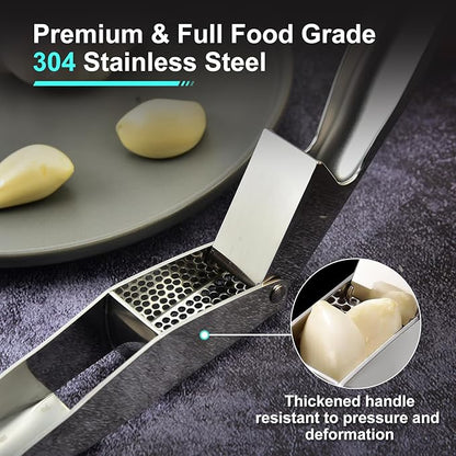Garlic Press, Stainless Steel Garlic & Ginger Crusher, with Built-In Cleaner, Rust Resistant, No Peel, Large Capacity, Easy Clean，Dishwasher Safe，Silver