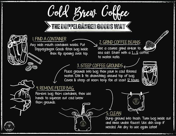 (2-Pack, Large 12in x 12in) Organic Cotton Cold Brew Coffee Bag - Designed in California - Reusable Coffee Filter with EasyOpen Drawstring Cold Brew Maker for Pitchers, Mason Jars, & Toddy Systems