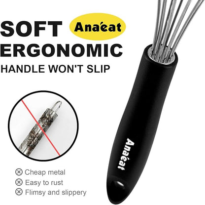 Anaeat Stainless Steel Kitchen Whisk Set of 4, Milk and Egg Beater Blender with Thick Wire for Whisking, Cooking, Baking, Beating and Stirring - 11'' Flat Whisk and 8.5''+10.5''+12'' Balloon Whisks