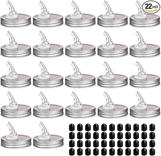 Mason Jar Pour Spouts. free flow Mason Jar Pour Spouts, mason jar for spout regular mouth size 70mm dispenser germination cover. Leak-Proof 22-Pack + 44 Black Lid Caps (22 Pack silver color)