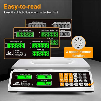 Price Computing Scale 88lb/40kg Commercial Food Scale for Produce Meat Weighing, LCD Display and Green Bright Backlight for Farmers Markets, Meat Shop, Deli, （Not for Trade）