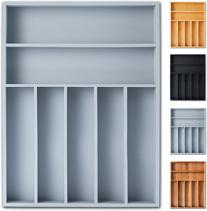 Silverware Organizer, 12.5 Inch Utensil Organizer Kitchen Drawer Organizer Bamboo Silverware Holder Cutlery Tray Organizer in Drawer Flatware Organizer Tray(7 slots, Gray）