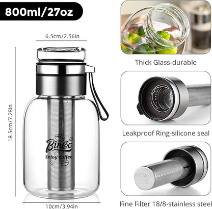 Glass Cold Brew Coffee Maker with Extended Fine Mesh Filter, Tea Infuser Bottle Iced Coffee Maker with Thick Borosilicate Glas