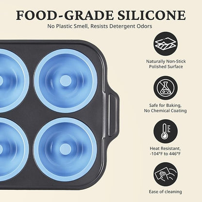 BRONYPRO Silicone Donut Pan for Baking with Metal Frame, 3.35 Inch Large doughnut pan,donut molds for baking Nonstick Non Toxic Bakeware for Oven,Blue