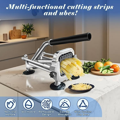 1/4 In Blade French Fry Cutter, Efortless Commercial Vegetable Chopper, Anti-slip Potato Cutter, Heavy Duty Potato Slicer, Stainless Steel Easy Clean Manual Cutter for Tomatoes Peppers Mushrooms