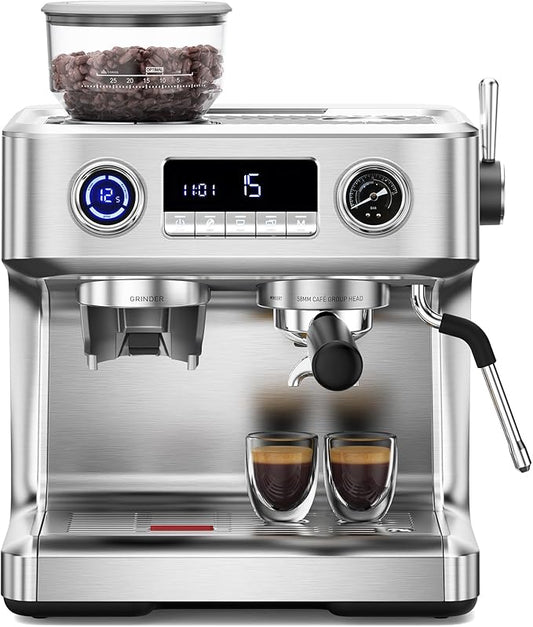 Kndko Double Boiler Espresso Machines with Built-in 30 Grind Settings, 20 Bar Stainless Steel Coffee Maker with Milk Frother Steam Wand, Barista Espresso Maker for Home Cappuccino Latte & Americano