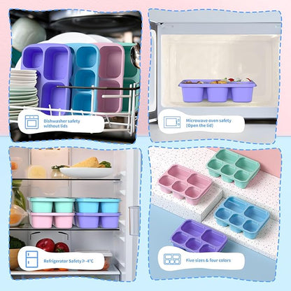 Bento Box Adult Lunch Box - 4 Pack, 5 - Compartment Meal Prep Container for Kids, Reusable Food Storage Snack Containers - Stackable for School, Work, and Travel (PP(Blue/Pink/Green/Purple))