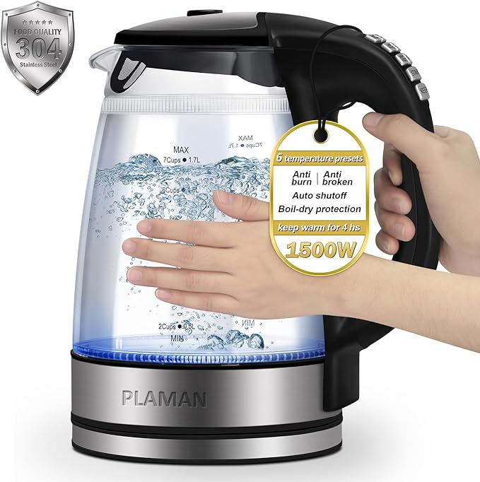 1500W Electric Kettle with Temperature Control - 6-Temp Presets for Tea/Coffee, Double Wall Cool-Touch, 4H Keep Warm, 1.7L Borosilicate Glass & BPA-Free, Fast Boil for Home/Office