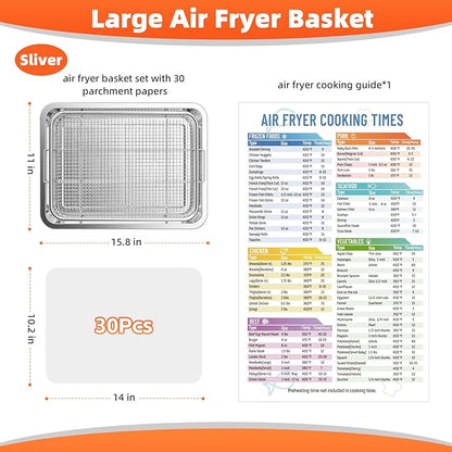 Air Fryer Tray for Oven, Oven Air Fryer Basket and Tray with Cooking Guide and 30 PCS Parchment Papers, DEGOVIN Crisper Non-stick Stainless Steel Air Fry Pan for Convection Oven(15.8" × 11")