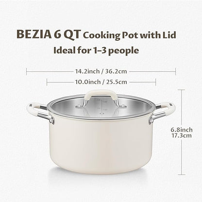 6 Quart Tri-Ply Stainless Steel Stock Pots with Lid, BEZIA Induction Soup Pot with Lid, Kitchen Cooking Pots with Silicone Handle, Compatible with All Cooktops, Free of PTFE/PFOA/PFOS