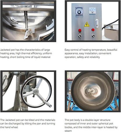 13.2Gallon/50L Jacketed Kettle Large Electronic Tilting Sugar Jam Gas Boiling Machine Commercial Electric Jacketed Pot with Stirring and Edge Scraping 220V 60HZ Three-phase 750W
