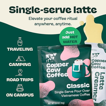 Copper Cow Premium Vietnamese Coffee Variety Pack (15 Coffees & 15 Creamers)| Classic Black, Vanilla, & Salted Caramel Latte | Pour Over Single-Serve Lattes, No Refrigeration Needed, Travel Friendly