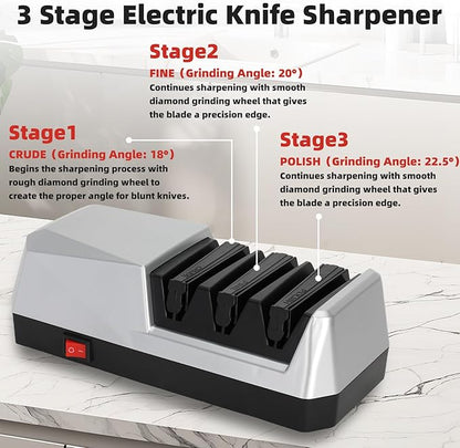Knife Electric Sharpener for Kitchen, Bread, Serrated & Japanese-style Knife, 3 Stages Precision Angle Guides Sharpener, 100% Diamond Abrasives