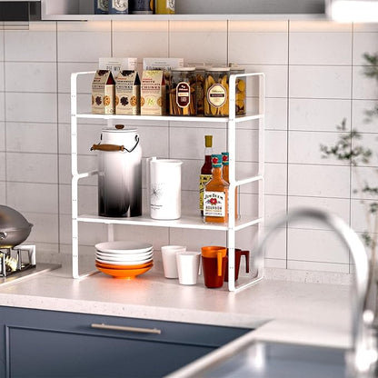 iPEGTOP Expandable Cabinet Storage Shelf Organizer Rack, Heavy Duty Cupboard Stand Spice Rack Adjustable Height Garage Pantry Shelf Space Riser for Counter Kitchen Organization, White, 3 Pack
