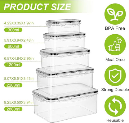Meal Prep Containers 5pc, Food Storage Containers with Lids BPA Free Plastic, Food Storage Containers Airtight Leakproof Stackable Transparent Dishwasher & Freezer Safe(300-2800ml)