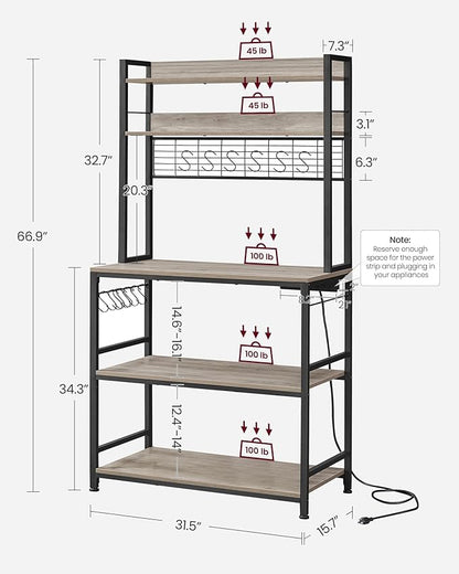 VASAGLE Hutch Bakers Rack with Power Outlet, 14 Hooks Microwave Stand, Adjustable Coffee Bar with Metal Wire Panel, Kitchen Storage Shelf, 15.7 x 31.5 x 66.9 Inches, Greige and Black UKKS025B02
