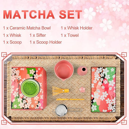 Matcha Set–7-Piece Set Including Matcha Bowl with Spout, Whisk, Chasen Holder, Sifter, Bamboo Scoop,Scoop Stand,wood spoon(Daisy Pink)–Perfect for Matcha Lovers&Tea Ceremonies