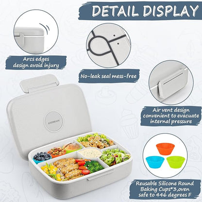Bento Box Adult Lunch Box, Kid Lunch Box Contaiers for 5 Compartmets, Lunch Containers with 3 Silicone Baking Cups, Leakproof, Dishwasher and Microwave Safe, BPA-Free (Grey)