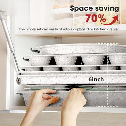 11-Piece Non-Toxic Baking Set, Stackable Nonstick Cookware with Heat-Resistant Handles - Includes Cookie Tray, Round Cake Pan, Muffin Cups, Pizza Pan & Loaf Baker, White&Light Green