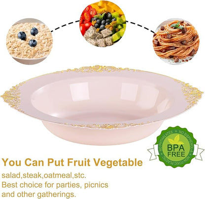 Nervure 50PCS Pink Plastic Bowls with Gold Rim - 12oz Disposable Soup Bowls, Heavy Duty Salad Ice Cream Bowl Perfect For Weddings, Parties and Everyday Use