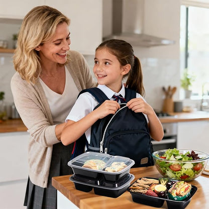 Glotoch Express 300 Pack 32oz Black 2 Compartment Square Meal Prep Containers, Food Storage Containers with Lids for Microwave Dishwasher Freezer Safe