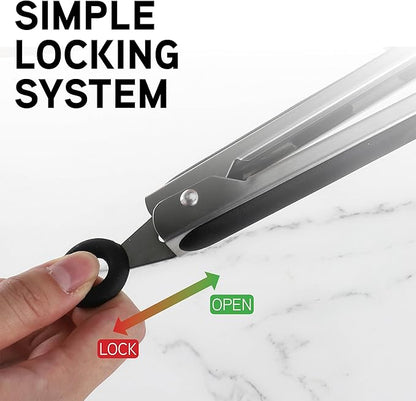 COOK WITH COLOR Stainless Steel Silicone Tipped Kitchen & BBQ Tongs Set, 3 Pc. Tongs, Black