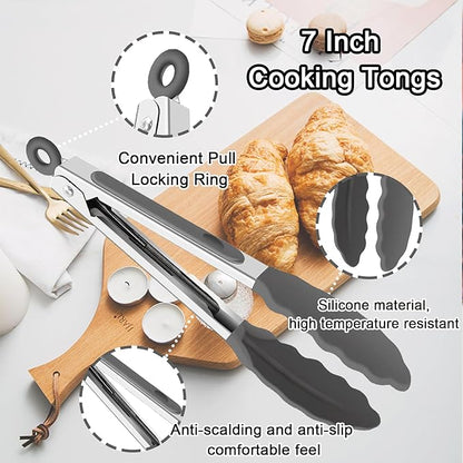 6 PCS Silicone Tongs,Cooking Tongs with Silicone Tips,7 Inch Stainless Steel Silicone Kitchen Tongs,Heat Resistant Non-Stick,for Cooking Grilling Salad,BBQ Tongs with Locking