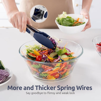 480ºF Heat Proof Kitchen Tong: U-Taste 7" Silicone Cooking Tong with Firm Sealed Non Stick Rubber Tips & Silicon Coated 18/8 Stainless Steel Handle & Smooth Locking for Serving Salad (Midnight Blue)