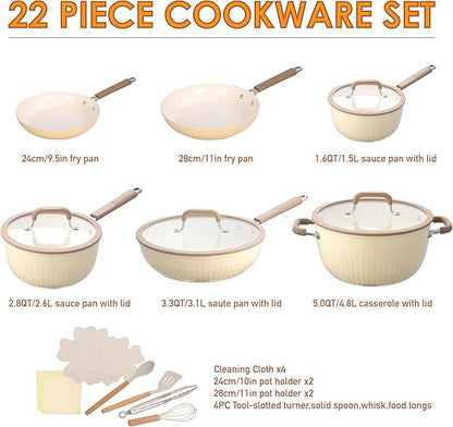 22Pcs Pots and Pans Set Non Stick, Ceramic Nonstick Cookware Set, Kitchen Induction Pots and Pans Cooking Set with Stay Cool Handles, without PFOA, PTFE or PFAS, Cream Yellow