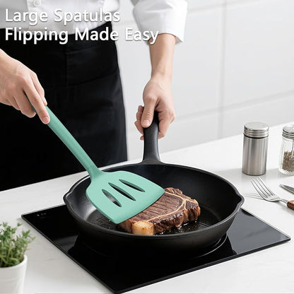 Coukre 3 Pack Silicone Spatula Set, High Heat Resistant, BPA-Free, Fish Spatula, Solid & Slotted Turner for Non-Stick Pans, Flipping Eggs, Pancakes, Fish, Burgers (3, PureAquaGreen)