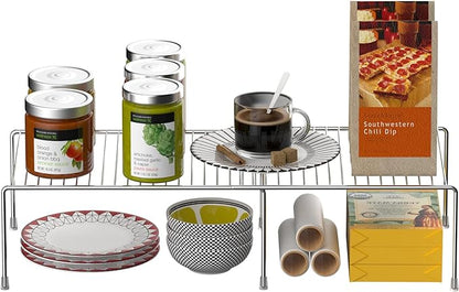 Kitchen Cabinet Expandable Shelf Organizers Set of 2, Adjustable Metal Wire Pantry Storage Shelves, Plate Dish Organizer Rack for Cabinets, Cupboard, Counter, Freezer, Countertop, Chrome
