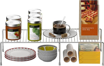 Kitchen Cabinet Expandable Shelf Organizers, Adjustable Metal Wire Pantry Storage Shelves, Plate Dish Organizer Rack for Cabinets, Cupboard, Counter, Freezer, Countertop, Chrome
