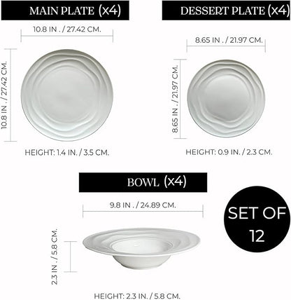 Pots & Patterns White Dinner Plates. Porcelain Dinnerware Set for 4-12-Piece Chip Resistant Plates and Bowls Sets