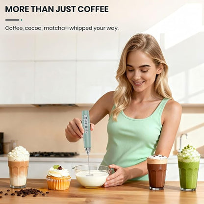 Milk Frother Handheld Rechargeable, Frother Wand Drink Mixer Electric Whisk for Coffee, Detachable With 3 Stainless Whisks, Hand Mixer for Lattes, Cappuccino, Matcha, No Stand, Sage Green