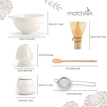 6 Pcs Matcha Set - Ceramic Bowl with Spout, Matcha Whisk with Holder, Tea Powder Canister, Sifter and Spoon, Complete Kit for Traditional Matcha, Modern Lattes, and Tea Ceremonies (White)