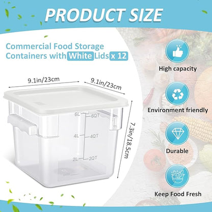 Yungyan 12 Pcs 4 Qt Commercial Food Storage Containers with Lids Restaurant Square Airtight Food Storage Containers Clear Cereal Container for Kitchen Freezer Dishwasher Pantry (White Lid)