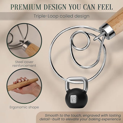 13-Inch Danish Dough Whisk, Wooden Handle with Stainless Steel Single Loop Dough Hook, Dough Whisk for Sourdough, Pizza, Cake Batter