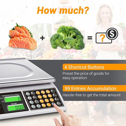 Price Computing Scale, 66lb Digital Commercial Food Meat Produce Weighing Scale with Green Backlight LCD for Farmers Market, Retail Outlets, Dry Battery Powered, Not for Trade