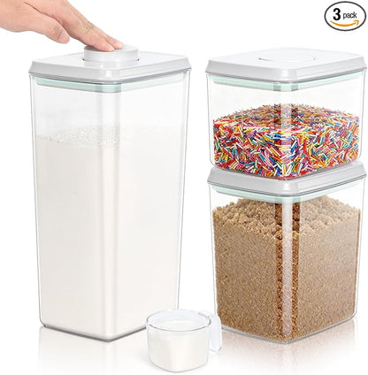 TBMax Flour Sugar Storage Container 3Pack 1.26+2.11+3.48 Quart, Airtight Food Storage Containers with Pop Up Lid & Measuring Scoop for Kitchen Pantry Organization