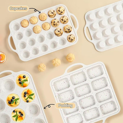 CAKETIME 3 Pack Silicone Bakeware Set, Metal Reinforced Frame Silicone Muffin Pans for Baking Nonstick with Handle,12 & 24 Cup Muffin Pans and 12-Cup Mini Loaf Pan, BPA Free